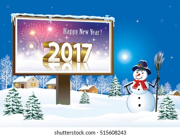 Christmas card with a snowman and billboard in 2017 against the background of nature