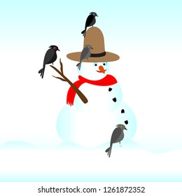 Christmas card, snowman and birds