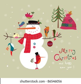 Christmas card with snowman and birds