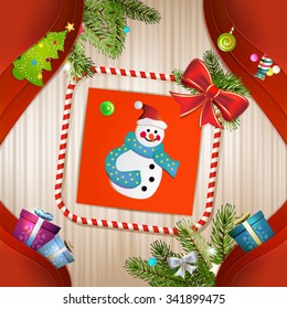 Christmas card with snowman, bow and pine tree