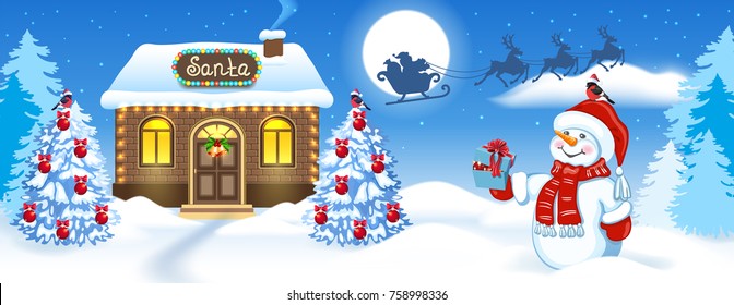 Christmas card with Snowman, brick house and Santa's workshop against winter forest background and Santa Claus in sleigh with reindeer team flying in the moon sky. New Year design postcard.