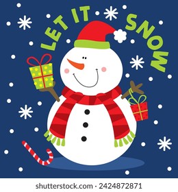 Christmas Card with Snowman bring a gift