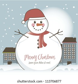 christmas card with snowman with buildings.vector illustration