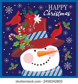 christmas card with snowman. cardinal bird and candy cane