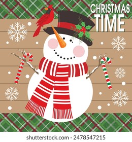 Christmas card with snowman, cardinal bird and candy cane