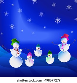 Christmas card with snowman. Cheerful snowmen family on abstract blue background. Vector illustration. New Year card.