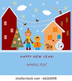 Christmas card with snowman children and a cat