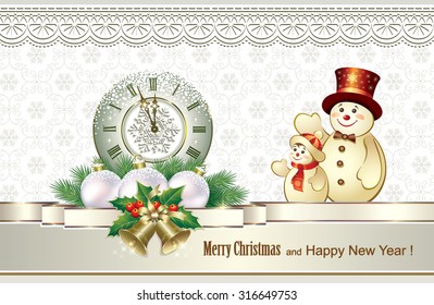Christmas card with a snowman, clock, balls and bells.