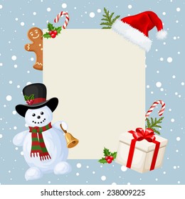 Christmas card with snowman, decorations and falling snow. Vector illustration.