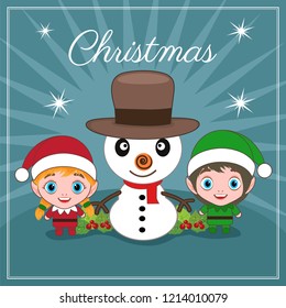 christmas card with snowman elf santa characters