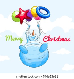 Christmas card with snowman flying in balloons