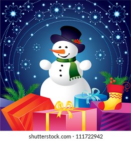 Christmas card with snowman and gifts