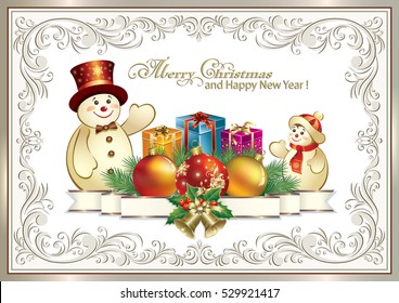 Christmas card with snowman and gifts in frame with ornament