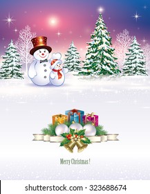 Christmas card with snowman and gifts on the background of nature.