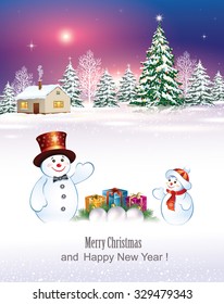 Christmas card with snowman and gifts on the background of nature.