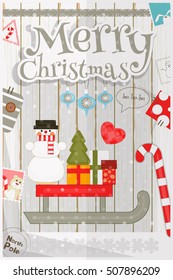 Christmas Card - Snowman with Gifts in Sleigh and New Year Symbols and Ornaments  on White Wooden Background. Vector Illustration.