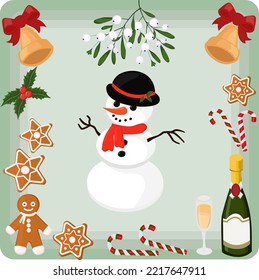 christmas card with snowman, gingerbread, champagne, candies and other christmas elements
