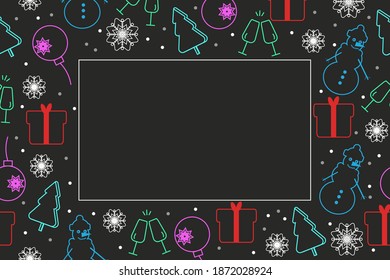 Christmas card with snowman, glasses, Christmas tree and frame on dark background