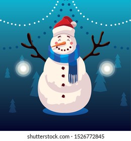 christmas card of snowman with hat and scarf vector illustration design