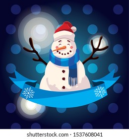 christmas card of snowman with hat and scarf vector illustration design