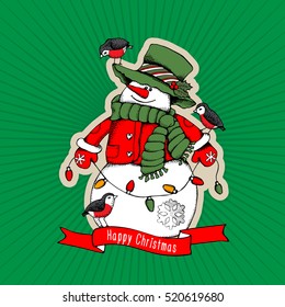 Christmas card. Snowman in hat and scarf with birds on a green background. Vector illustration.