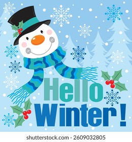 Christmas card with snowman and hello winter