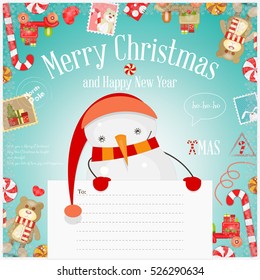 Christmas Card - Snowman Holds Blank Postcard and New Year Symbols and Ornaments  on Blue Background. Vector Illustration