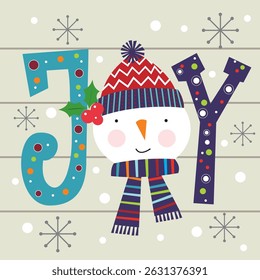 Christmas card with snowman and joy