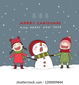 Christmas card with snowman and kids in Christmas snow scene.