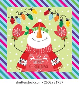 Christmas card with snowman and lights