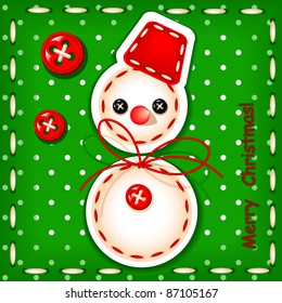 christmas card. Christmas snowman Merry Christmas with a signature made in the texture of embroidery