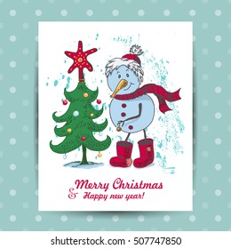 Christmas card with a snowman in the middle. Vector illustration for your design