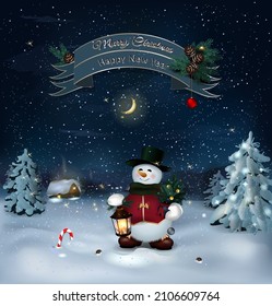 christmas card with snowman and night landscape