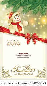Christmas card with a snowman on the background of fir branches