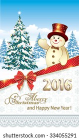 Christmas card with a snowman on the background of Christmas tree