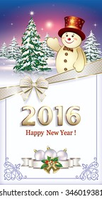 Christmas card with a snowman on the background of Christmas tree