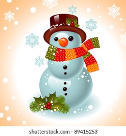 Christmas card. snowman on the background of snowflakes.Vector illustration.