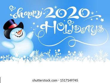 Christmas card with a snowman on a blue snow background. Big poster happy holidays 2020. Great for Christmas cards, banners, invitations, design New Year for the holidays. Vector image