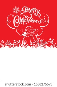 Christmas card with a snowman on a red background. Handwritten text - Merry Christmas. Vector illustration