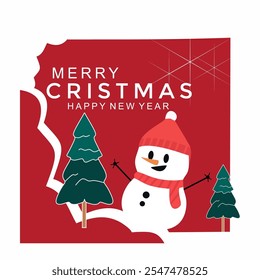 Christmas card with snowman on red background