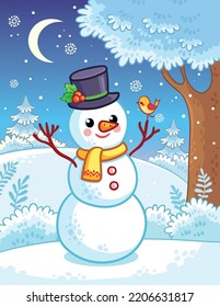 Christmas card with a snowman on a snowy background in cartoon style. New Year's illustration on a Christmas theme and with a winter forest.