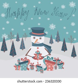 Christmas card with a snowman on snowy landscape in flat design.Vector illustration.