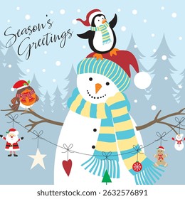 Christmas card with snowman, penguin and bird