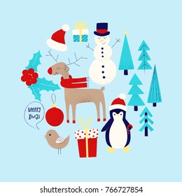 Christmas card with snowman, penguin and deer