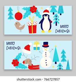 Christmas card with snowman, penguin and deer