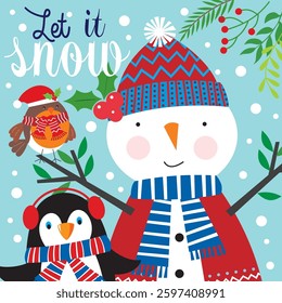 Christmas card with snowman, penguin and robin bird