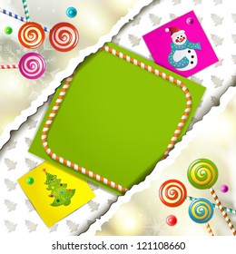 Christmas card with snowman, pine tree and candy