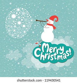 Christmas card, Snowman play on a horn
