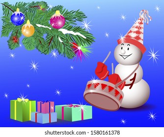 Christmas card. The snowman plays the drum. Gifts, boxes. Branch of a Christmas tree. Vector