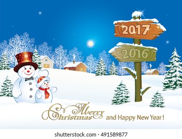 Christmas card with a snowman and a pointer 2017 in the landscape